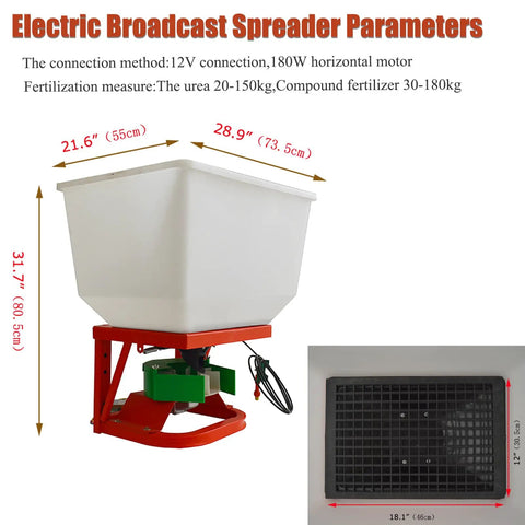 Electric Fertilizer Spreader For ATV And Tractor, 265Lb Load Capacity, 21.5 Inch Broadcast Spread, Front Mount visible in diagram.
