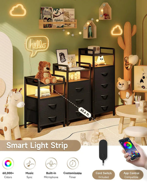 Nightstand With Charging Station And LED Light Strip, modern end table featuring USB ports, AC outlets, storage shelf, fabric drawers