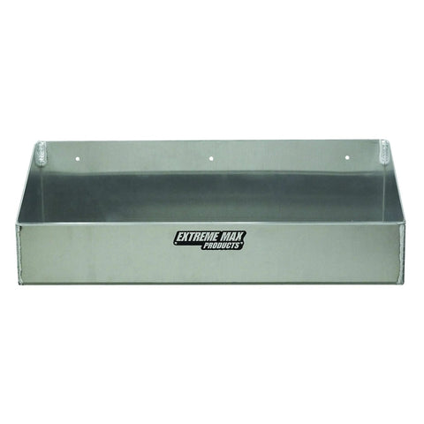 Aluminum Four-Quart Liquid Storage Shelf For Race Trailers, Garages, Shops And Enclosed Toy Haulers Holds Four One-Quart Bottles, Sidewalls Keep Contents Secure And Accessible, Built Tough Silver front view