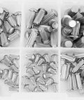 Heavy Duty Stainless Steel Rivet Kit 160 Piece Assorted Round Knurled Fasteners in storage compartments.