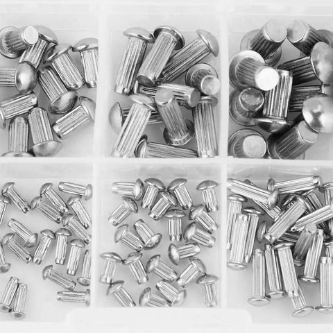 Heavy Duty Stainless Steel Rivet Kit 160 Piece Assorted Round Knurled Fasteners in storage compartments.