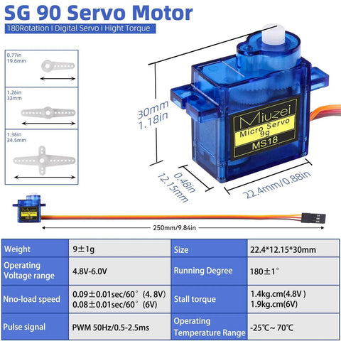 9G Micro Servo Motor SG90 Metal Gear For Arduino and DIY projects, blue housing, detailed specs, compact design for RC cars and robots