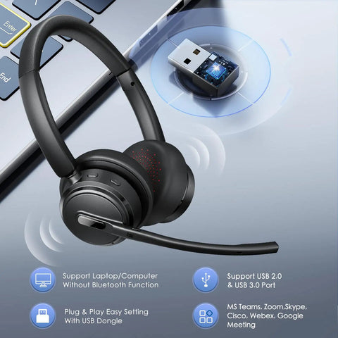 Wireless Headset With Noise Canceling Microphone For Clear Calls, On Ear Bluetooth Headphones With USB Dongle, and buttons visible
