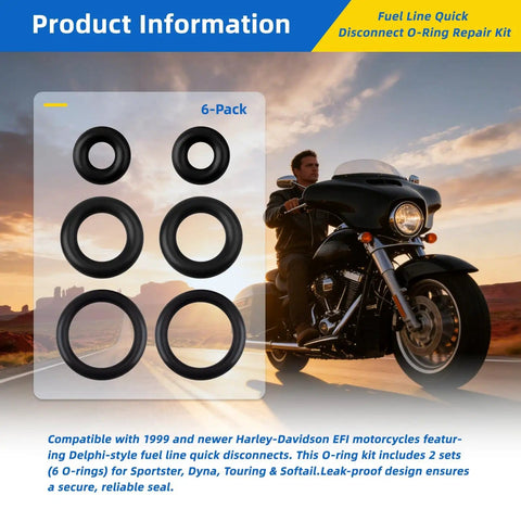 Harley Davidson Fuel Line Quick Disconnect O Ring Kit With Leak Proof Seals Two Sets Of Six O Rings displayed with motorcycle