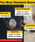 Diagram showing door thickness, backsets, and door hole sizes for Matte Black Passage Door Knob With Round Ball Handle Keyless Interior Door Hardware For Hallways And Closets No Locking Solid Stainless Finish Adjustable Latch Fits 2 3/8 To 2 3/4 Backset And 1 3/8 To 1 3/4 Inch Doors.