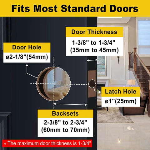Diagram showing door thickness, backsets, and door hole sizes for Matte Black Passage Door Knob With Round Ball Handle Keyless Interior Door Hardware For Hallways And Closets No Locking Solid Stainless Finish Adjustable Latch Fits 2 3/8 To 2 3/4 Backset And 1 3/8 To 1 3/4 Inch Doors.