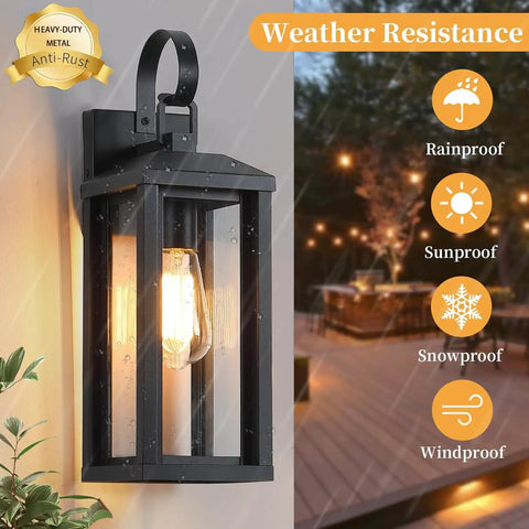 Top Shelves Two Pack Of 17 Inch Exterior Wall Sconces For House Facades Showing Off Premium Matte Black Build And Crystal Clear Glass Covers To Give Your Front Step Killer Curb Appeal And Modern Farmhouse Vibes All Year Round, showcasing weather-resistant design.