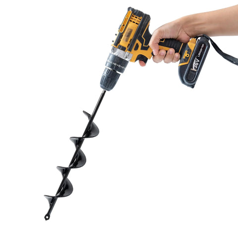 Set Of 5 Garden Auger Drill Bits For Planting With 3/8 Inch Hex Drive attached to a handheld drill for tulip planting