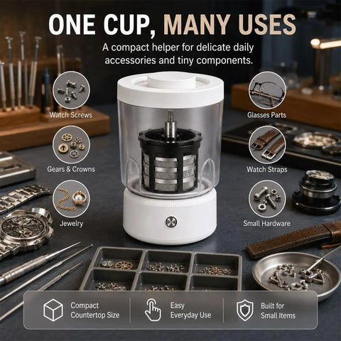 Premium Watch Cleaning Machine And Parts Dryer With 360 Degree Ultrasonic Tech for cleaning watch screws and small hardware.
