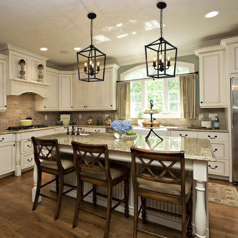 4 Light Black Farmhouse Chandelier With Industrial Iron Lantern Cage Pendant Light For Kitchen Island Dining Room Hallway And Foyer Rustic Vintage Style Lighting Adjustable Hanging Height Lit Look over kitchen island