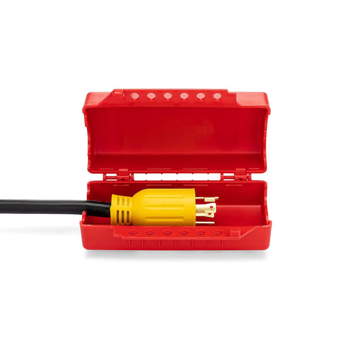 Go To Universal Lockout Device For Forklift, Gas Cylinder, And Electrical Plugs Recycled Plastic OSHA 1910.147 Compliant, 4.25 x 7.25 x 3 Inch, Red, USA Made, open with plug inside