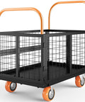 Heavy Duty Folding Utility Cart And Cage Platform Truck With 1800 Lb Capacity designed with steel mesh sides and orange handles.