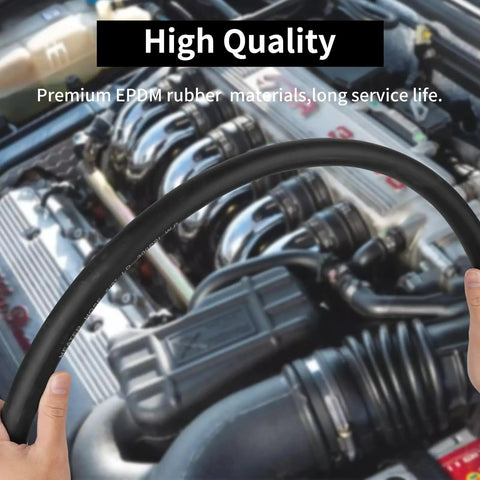 Hands holding Five Eighth Inch Heater Hose Built Heavy Duty 10 Foot EPDM Radiator Coolant Line over an engine bay.