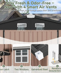 8x12 Ft Outdoor Metal Shed Built Tough For Everyday Yard Gear With Open Firewood Bay And Lockable Doors, vents, latch, windows detail