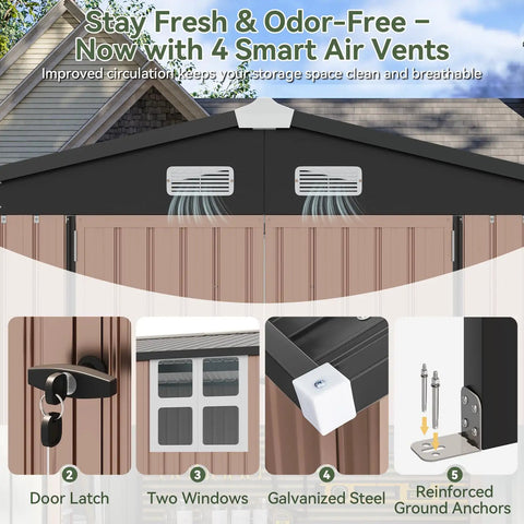 8x12 Ft Outdoor Metal Shed Built Tough For Everyday Yard Gear With Open Firewood Bay And Lockable Doors, vents, latch, windows detail