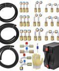 Auto AC Hose And Fitting Kit 32 Pc Set With 6 8 10 Size Hoses And Line Adapters, 6.5 Ft Length, R134a Valve, 28 Aluminum Fittings And Eight Each 45 90 180 Degree Elbows, Pro Grade AC System Repair Kit with toolbox and gloves.