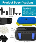 All In One Koi Pond Pump Kit For Outdoor Ponds 200-350 Gallons, 400 GPH Fountain Pump parts and specifications displayed