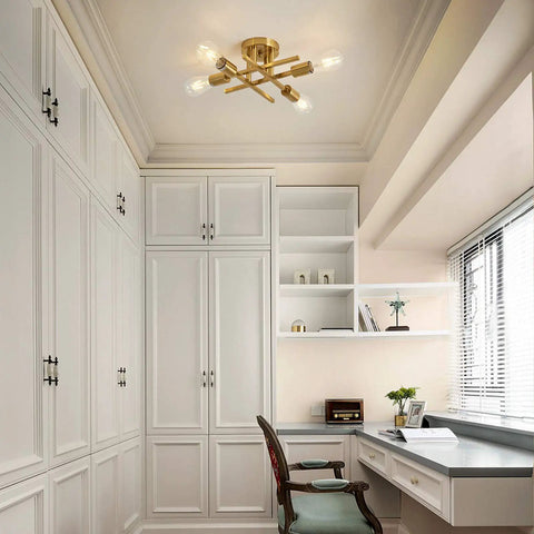 Modern Golden Metal Semi Flush Mount Ceiling Light Fixture Four Light Sputnik Style Chandelier in home office