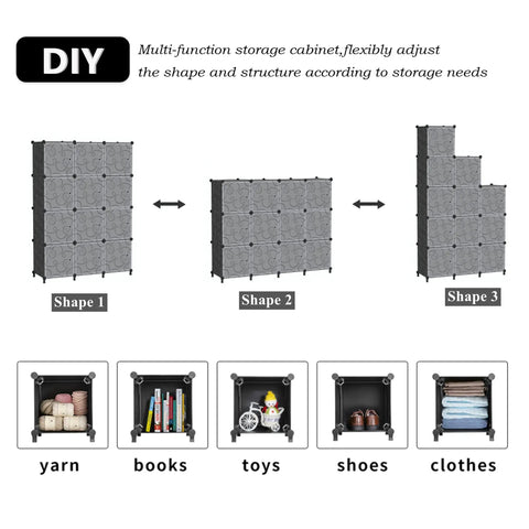 12 Cube Storage Organizer With Doors For Bedroom And Living Room DIY Plastic Closet Shelf Modular Bookshelf Stackable Cube Shelving Rack Black Dope Easy Assembly For Apartment Living And Home Organization showing different configurations and uses, including yarn, books, and clothes storage.