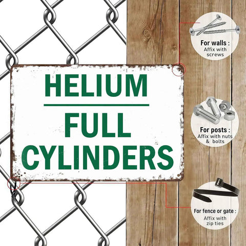 Industrial Vintage Metal Wall Art Sign Featuring Full Helium Cylinders For Rustic Loft Decor Built Tough In Heavy Duty Aluminum Construction Rust Resistant Finish Durable In Humidity And Temperature Fluctuations. 8x12 aluminum sign on chain-link fence