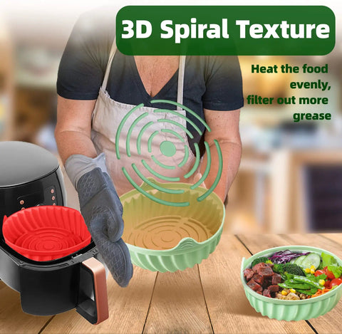 Person holding 3D spiral textured 2 Pack Air Fryer Silicone Liners Reusable Liners For 5 Qt And Up Square Or Round Air Fryer