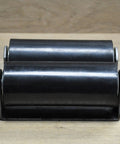 Front view of pair of 6 inch rubber top guide gate rollers for sliding gates, heavy duty wheels in black, weld on for smooth operation.