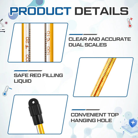 Four 12 Inch General Purpose Lab Thermometers Pack For Science Labs, Liquid In Glass, Total Immersion, Dual Scale Minus 20 C To 110 C And 0 To 230 F, Perfect For University Labs Food And Beverage Processing