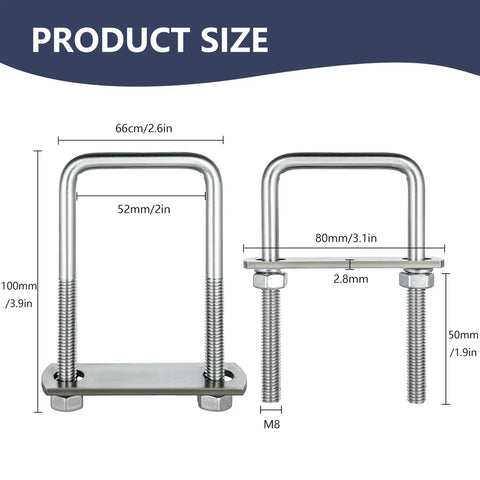 Diagram of 4 Pack M8 Square U Bolts 2 Inch Wide 304 Stainless Steel With Nuts Plate And Washers Heavy Duty Square U Bolts Hardware Set 50mm Shank By 100mm Overall Ideal For Pipes Decks Trailers And Vehicles with size measurements.