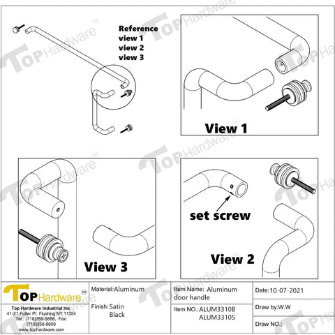 Premium Aluminum Push Bar With 10 Inch Center To Center Pull Handle Set In Satin Brush Finish For Glass And Metal Storefront Doors, Heavy Duty Commercial Door Hardware For High Traffic Areas. aluminum door handle set view 1 and set screw diagram