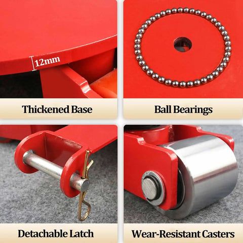 Tough As Nails 360 Swivel Skate Dolly details, highlighting thickened base, ball bearings, detachable latch, and wear-resistant casters.