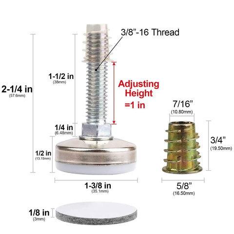 Beefy Heavy Duty Furniture Levelers Adjustable Leveling Feet with 3/8-16 thread and dimensions for tables, chairs, cabinets, sofas.