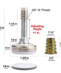 Heavy Duty Furniture Levelers With Adjustable Legs For Tables Chairs Cabinets And Sofas Leveling Feet With Large Base No Sweat Leveling Supports Up To 1320 Lbs Includes T Nut Kit Three Eighths Inch Sixteen Thread And Eight Felt Pads with dimensions