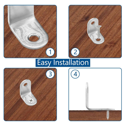 20 Pack Stainless Steel L Shaped Corner Braces 1 Inch By 1 Inch Right Angle Fasteners installation steps on wood surface