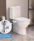 Dual Nozzle Non Electric Bidet With Self Cleaning Feature installed on a white toilet, blue and white, easy install, adjustable water pressure