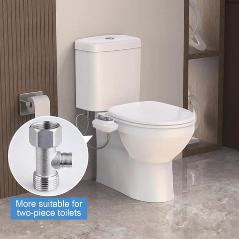 Dual Nozzle Non Electric Bidet With Self Cleaning Feature installed on a white toilet, blue and white, easy install, adjustable water pressure