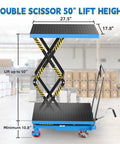 Double Scissor Lift Cart With 50 Inch Lift Height And 330 Lb Capacity, Non Slip Pad, four PU wheels, blue hydraulic lift table