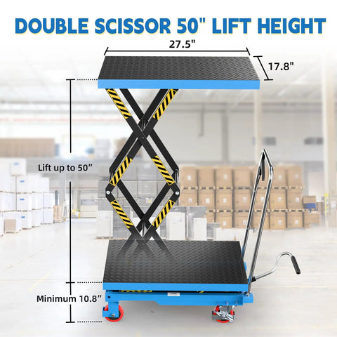 Double Scissor Lift Cart With 50 Inch Lift Height And 330 Lb Capacity, Non Slip Pad, four PU wheels, blue hydraulic lift table