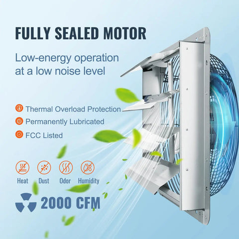 Side view of Powerhouse 16 Inch Shutter Exhaust Fan With AC Motor Delivers 2000 CFM For Wall Mount Attic Ventilation And Cooling In Greenhouses Garages Sheds FCC Listed, showing airflow and features.