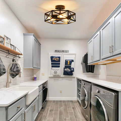 Installed Modern Farmhouse Hexagon Cage Ceiling Light Semi Flush Mount In Matte Black in a laundry room, view of light fixture.