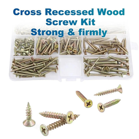 Zinc Plated Flat Head Self Tapping Wood Screws Assortment Kit 151 To 251 Pieces Perfect For DIY Quick Fixes Decks Furniture Cabinets And Woodworking Projects Dual End Thread Linking For Hidden Tight Joints And Easy Self Penetrating Spiral Design, cross recessed screw kit in case