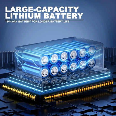 Large-capacity lithium battery with 18V 4.0Ah design showing cells and electric components for extended use.