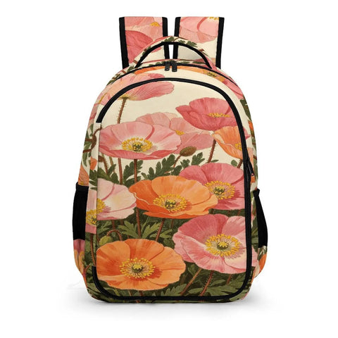 Front view of Peach Orange Wild Poppies Printed Unisex Backpack With Large Capacity, Durable Polyester Daypack For Everyday Use
