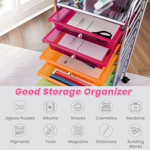 10 Drawer Rolling Storage Cart with removable drawers and rainbow finish; ideal for cosmetics, tools, medicine and snacks