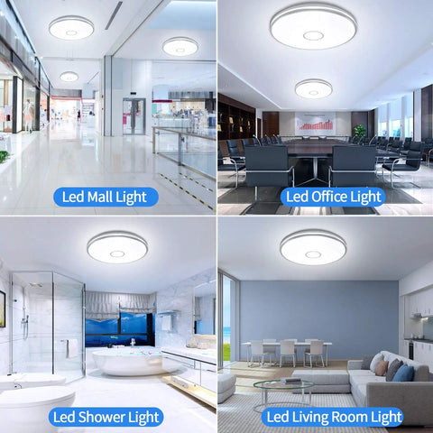 Lit 15 Inch LED Flush Mount Ceiling Light Fixture with 3800 Lumens in mall, office, shower, and living room settings