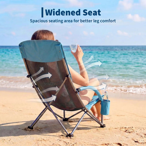 Two Pack Folding Beach Chairs For Adults With Cup Holder, Storage Pocket And Carry Bag at a beach with expanded seating