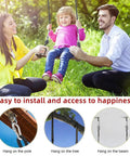 Heavy Duty Wood Swing Seat Carbonized Outdoor Swing For Adults And Kids with family playing, 16.9 by 7.9 by 0.5 inches, 440 lb load