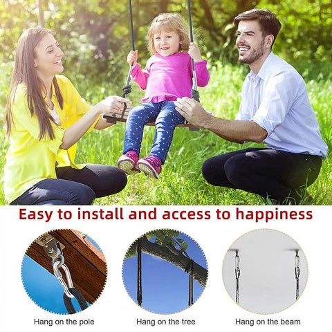 Heavy Duty Wood Swing Seat Carbonized Outdoor Swing For Adults And Kids with family playing, 16.9 by 7.9 by 0.5 inches, 440 lb load