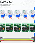 Image of bulk 5-pack 28BYJ-48 stepper motors and ULN2003 driver boards for Arduino and Raspberry Pi, including jumper wires.