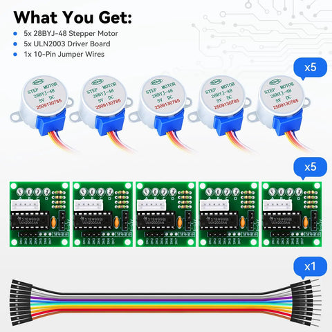 Image of bulk 5-pack 28BYJ-48 stepper motors and ULN2003 driver boards for Arduino and Raspberry Pi, including jumper wires.