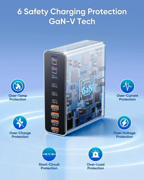 Transparent view of All In One 800W USB C Charging Station With 10 Ports GaN5 PD Fast Charger showcasing internal GaN-V Tech and ports.